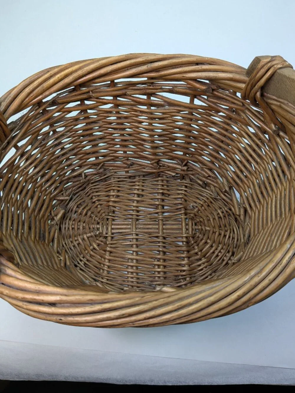 Vintage Small Woven Wicker Basket Wooden Handles Oval Gathering Harvest Storage